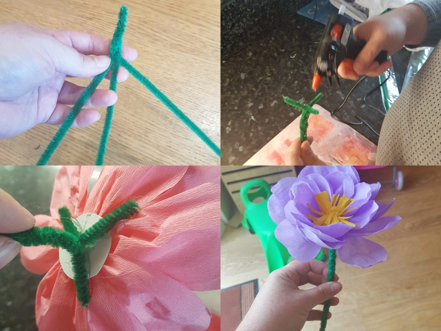 Adding the stalks to the paper flowers for paper flowers craft