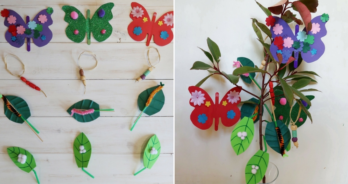 Life Cycle of a Butterfly Tree Crafts - four insect crafts in one. Teach children about the life cycle of the butterfly.