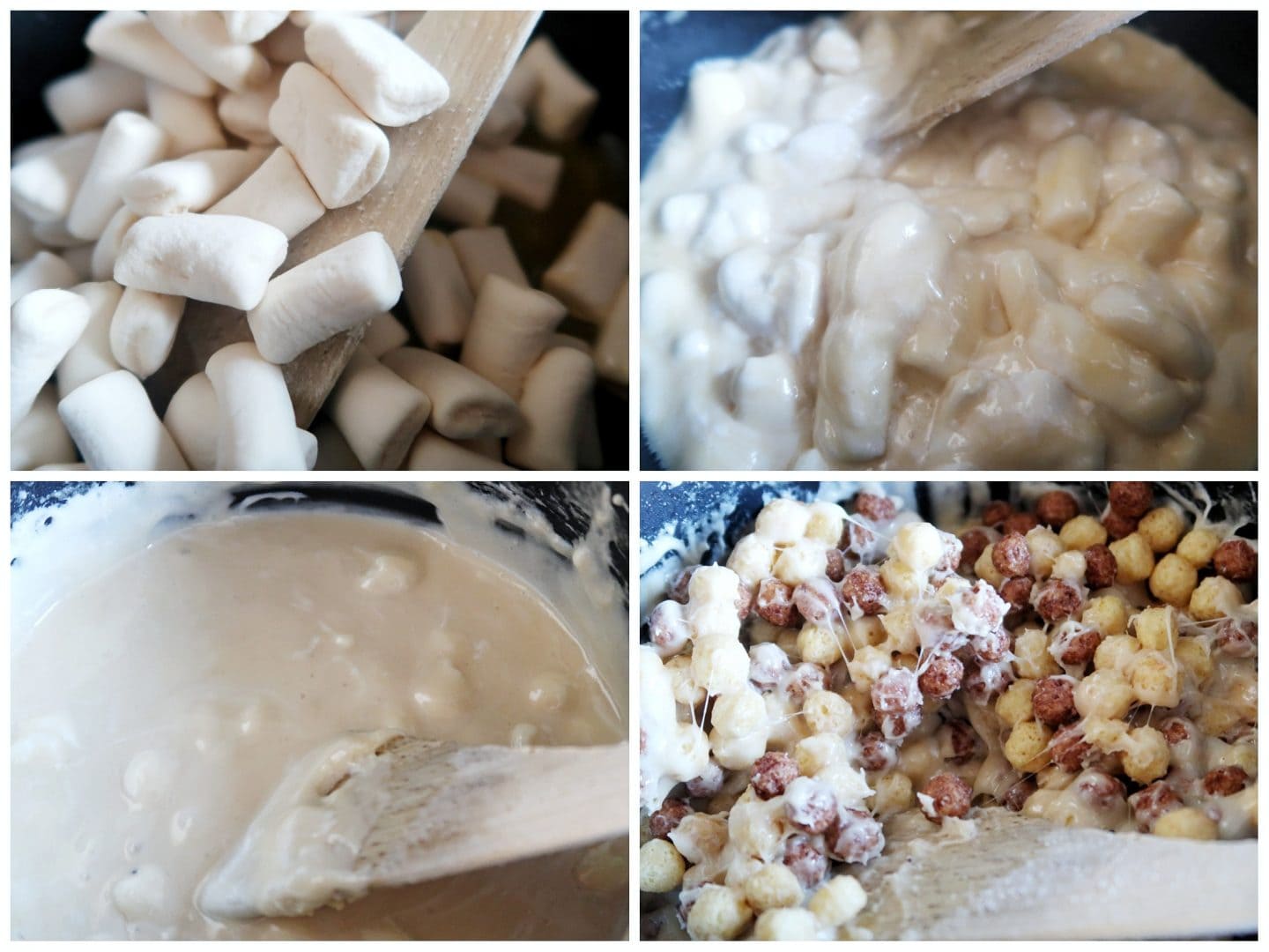 Gluten-free crispy cake recipe - the four stages of melting the marshmallows and adding the cereal.