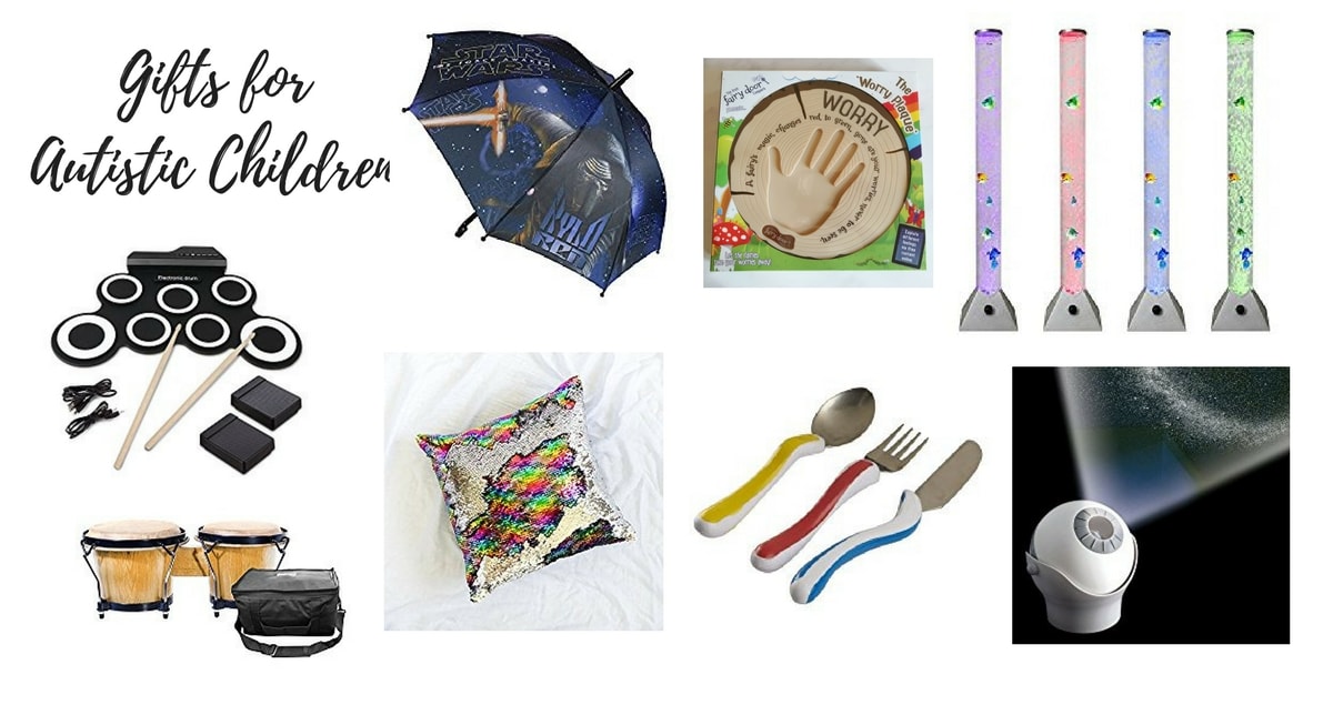 Gifts for Autistic Children Feature - a collage of various gifts including sensory toys and special cutlery.