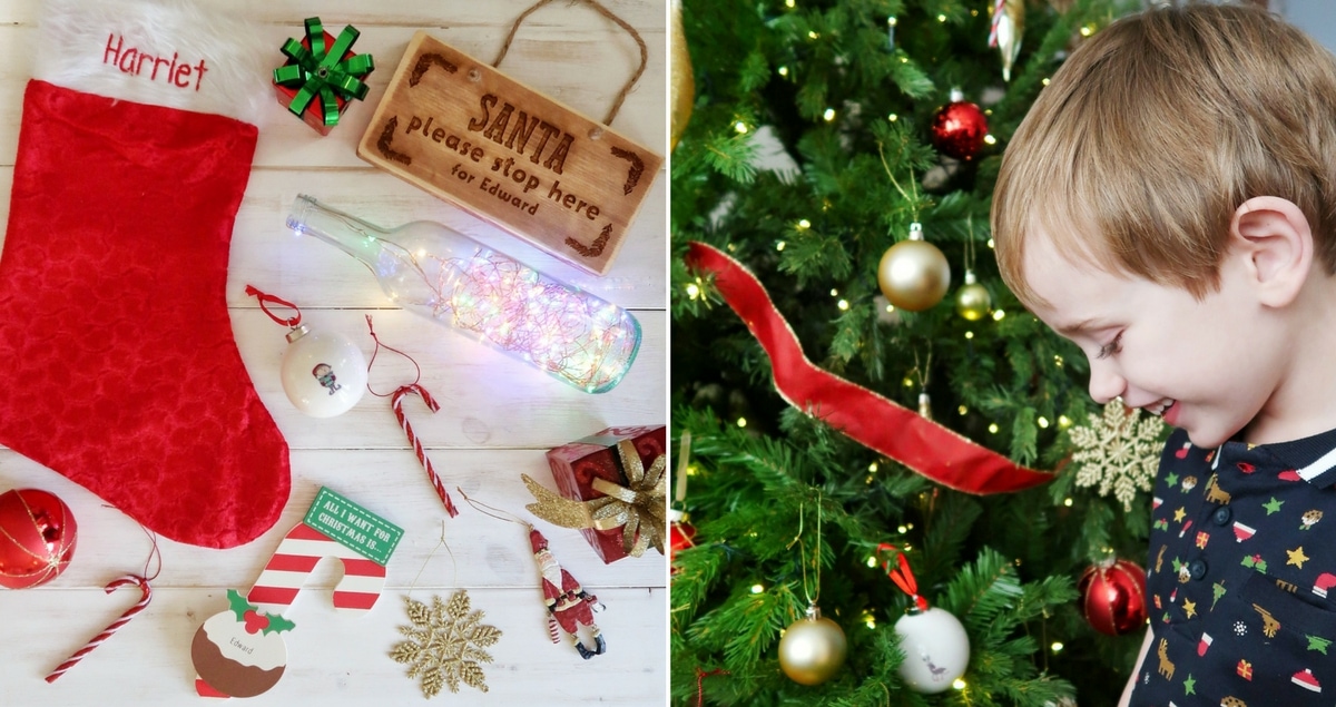 Personalised Christmas keepsakes on left, boy next to Christmas tree and personalised bauble on right.