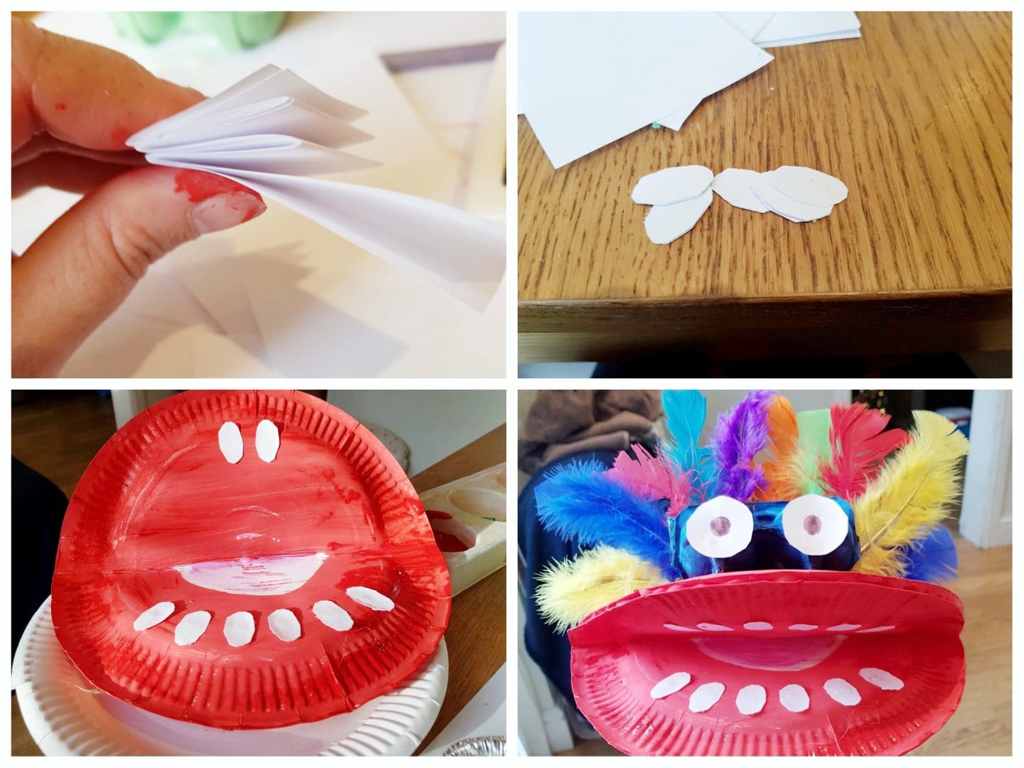 Collage of Chinese Dragon Puppet craft steps - attaching the teeth, eyes and feathers.