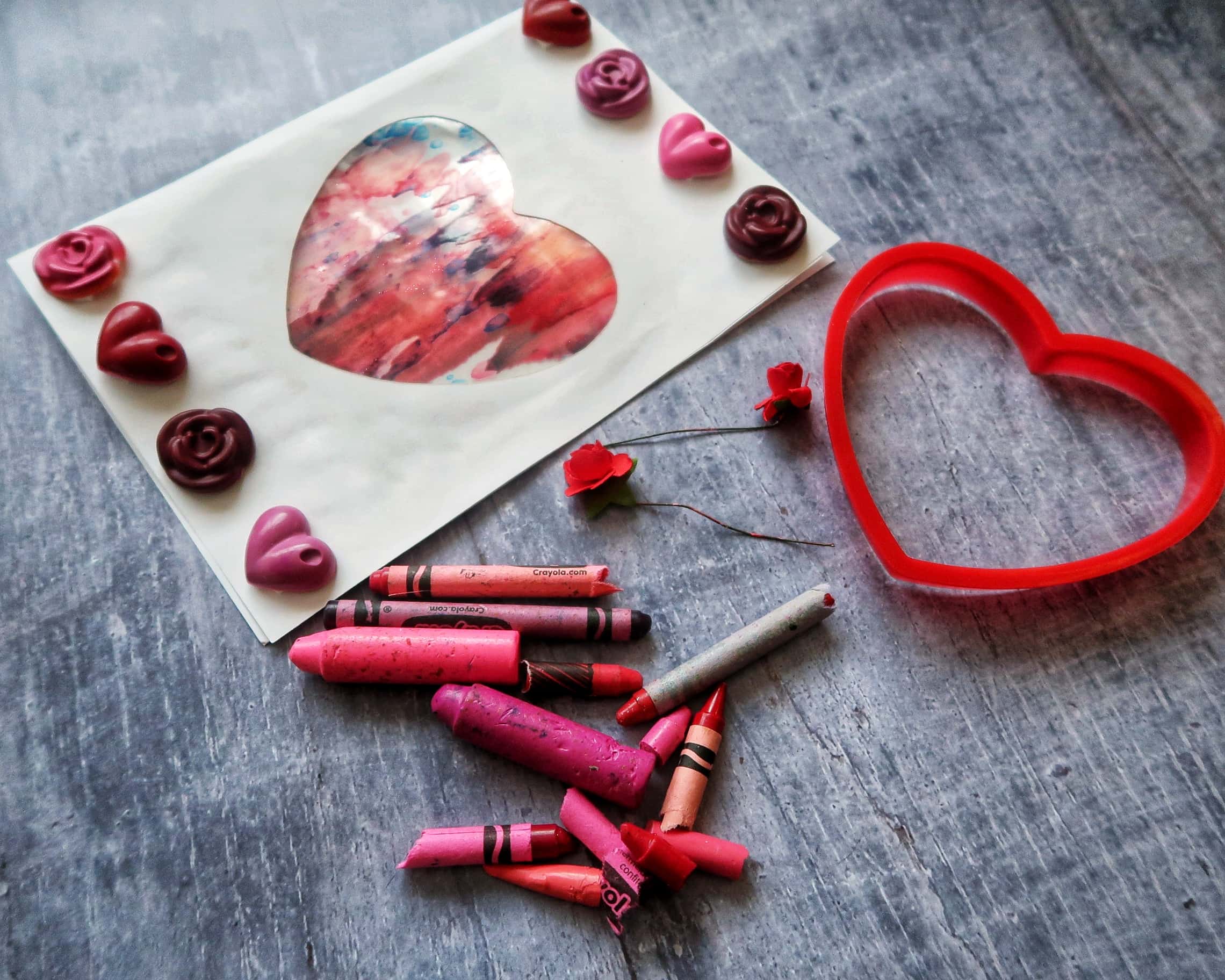 Valentine's Day Card Craft with pink wax crayons.