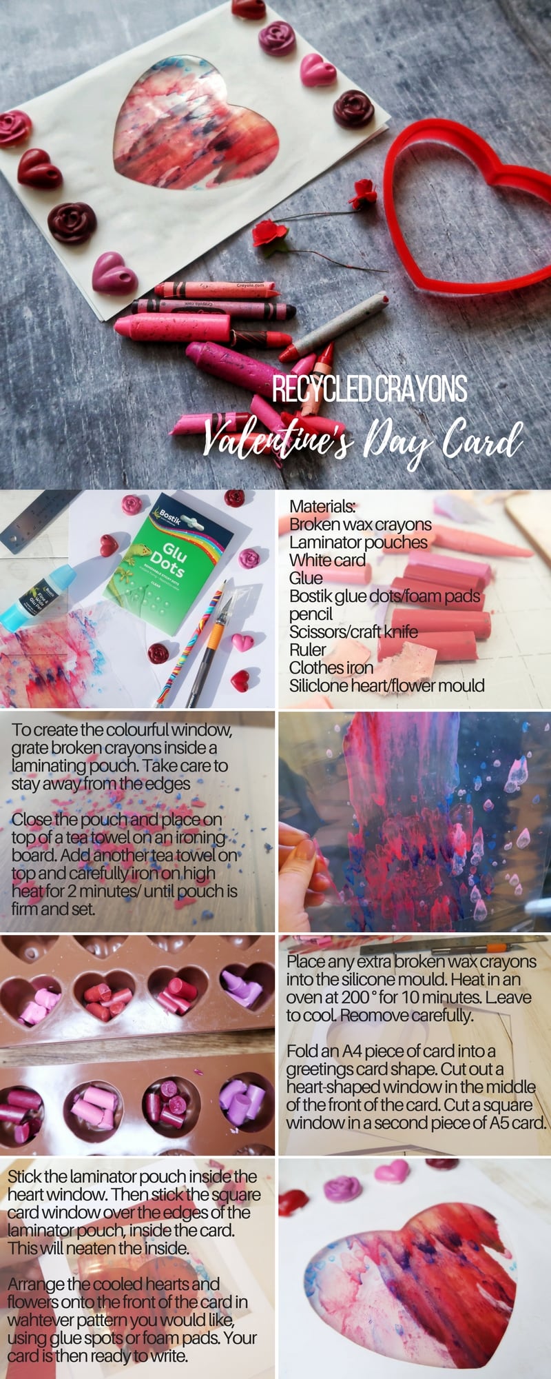 A phtoto tutorial for a Valentine's Day card craft , using left over wax crayons. See below image for full instructions.