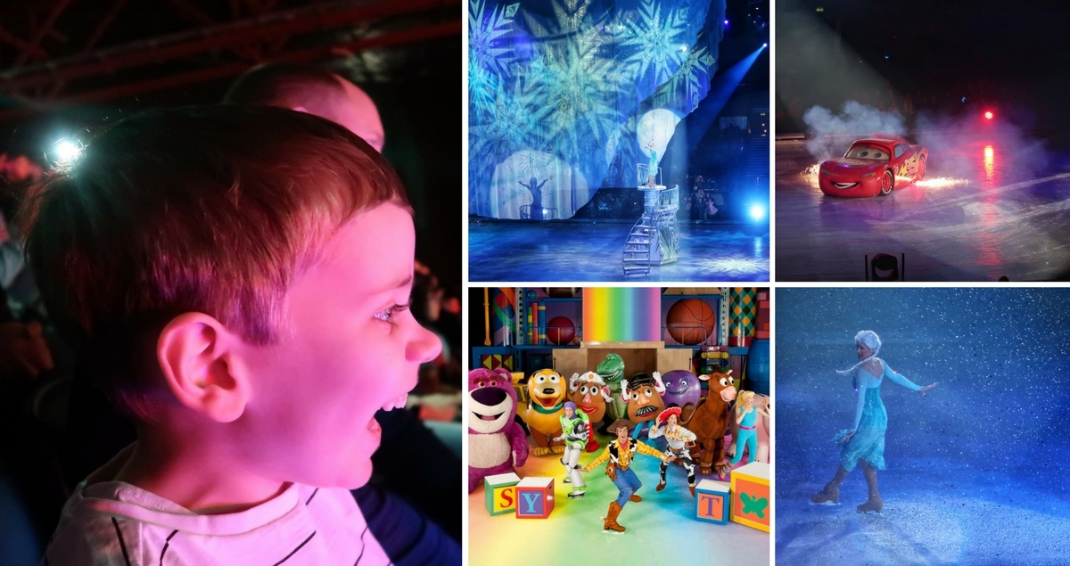 Disney on Ice Review - Worlds of Enchantment. Collage of pics from the show including characters from Frozen, Toy Story and Cars and a picture of a small boy's face, lit up with excitement.