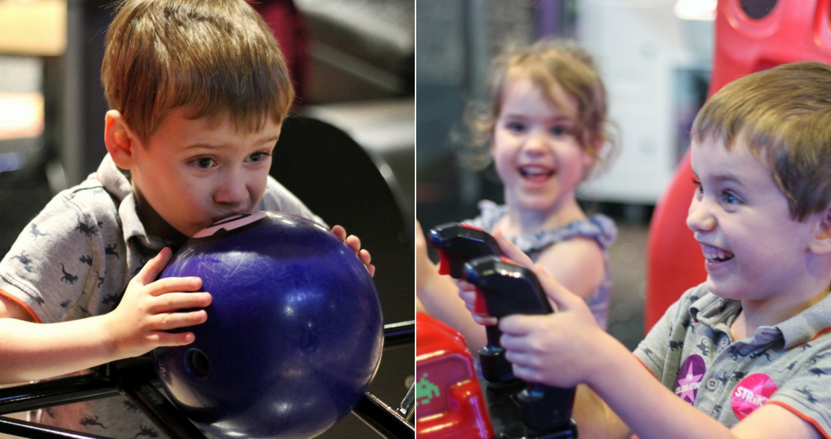 Hollywood Bowl Review Feature - A boy with a bowling ball and a girl and a boy smiling while playing a video game