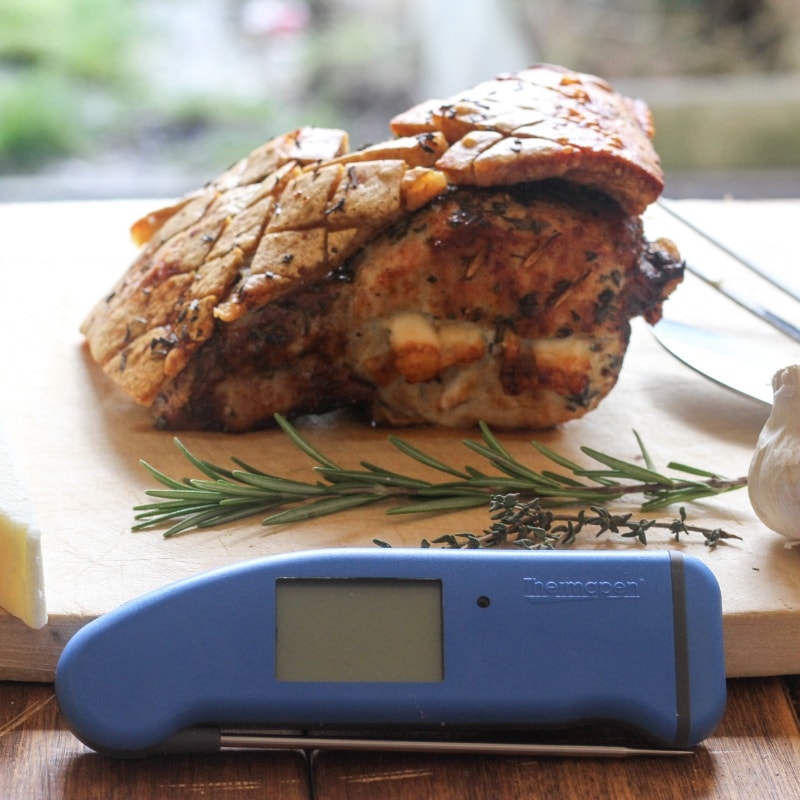 Herb Encrusted Pork Loin Stuffed with Garlic and Pecorino with Thermapen in foreground