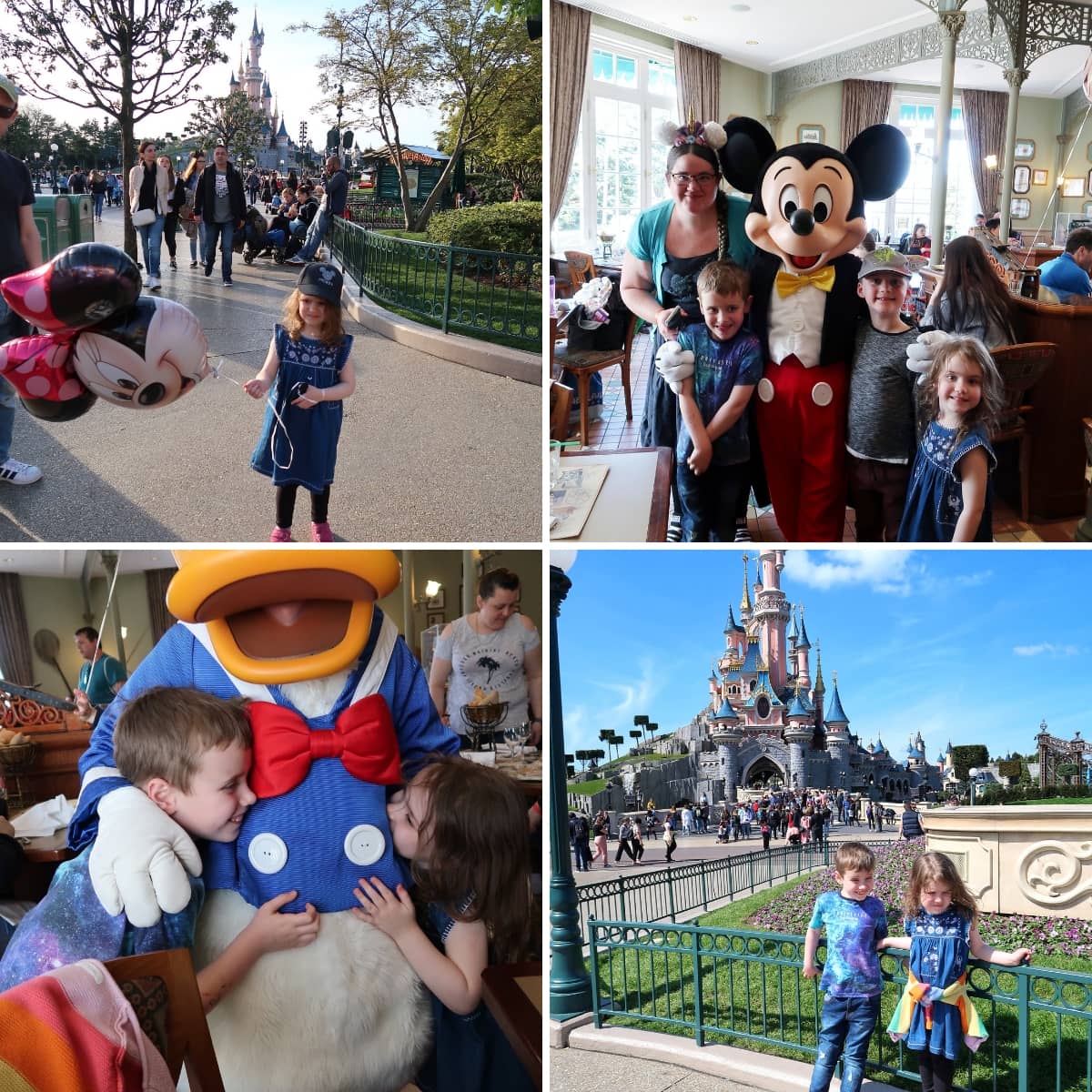 A collage of pictures from Disneyland Paris, inclusing in front of the castle and meeting mickey mouse