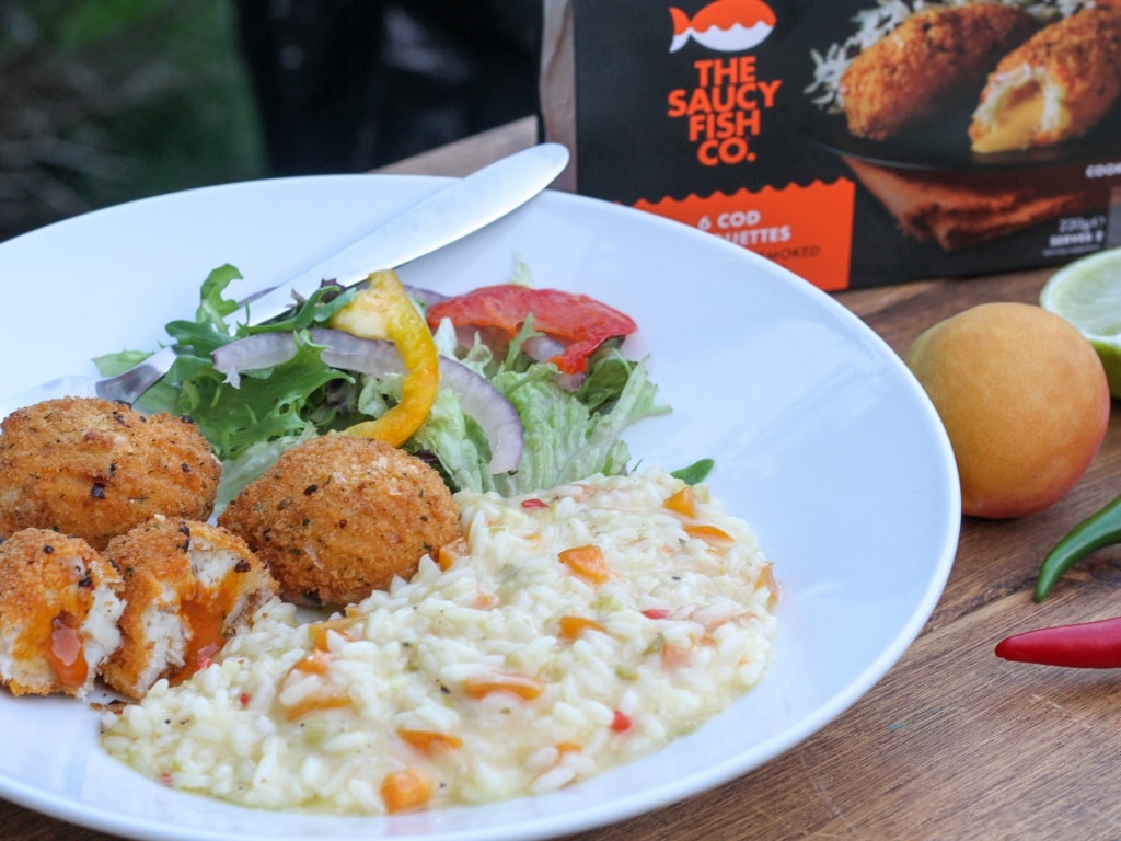 finished apricot risotto with The Saucy Fish Co Cod croquettes