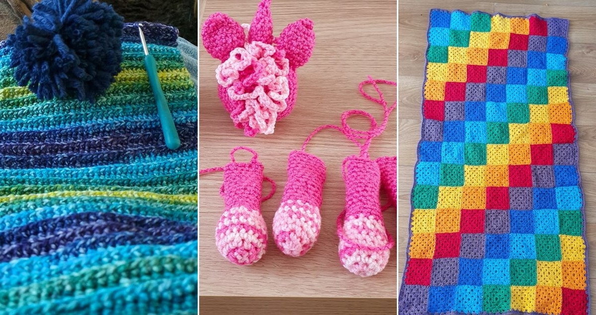 Crochet Projects for Beginners feature - blue crochet on hook, pink crochet unicorn and rainbow crochet blanket