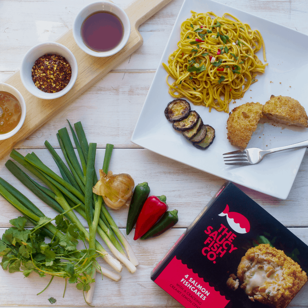 Sweet Chilli noodles and salmon fishcakes from above