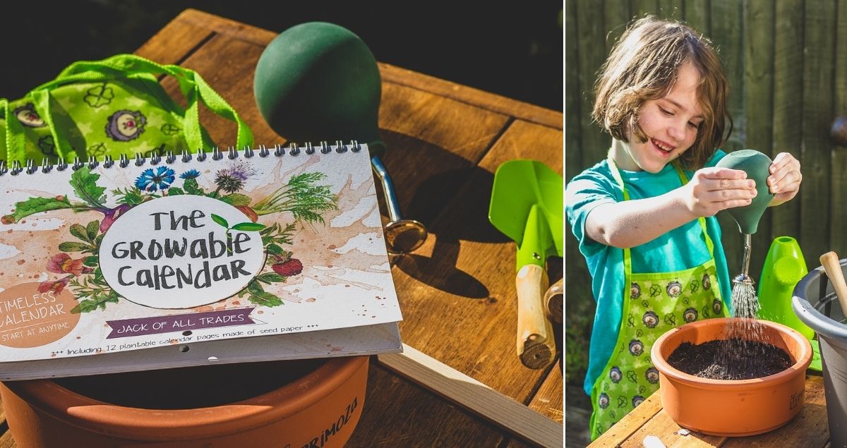 Two images, one with a girl watering some plants and another with a close up of the calendar with gardening equipement next to it.