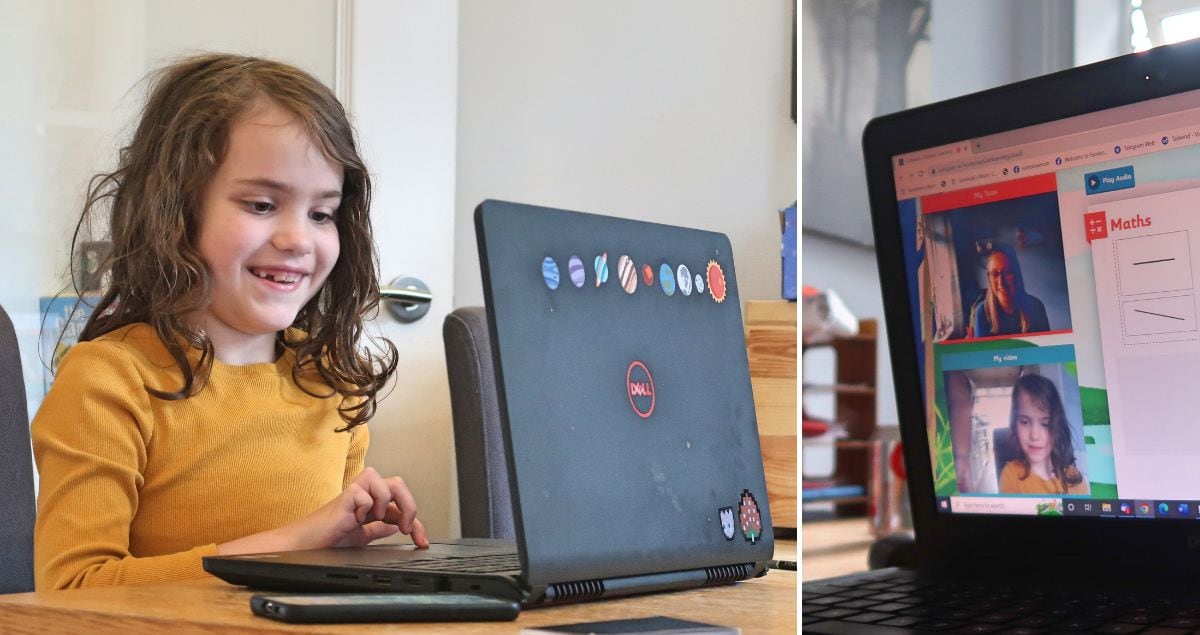 Girl smiling at computer screen and screen showing Explore Learning website