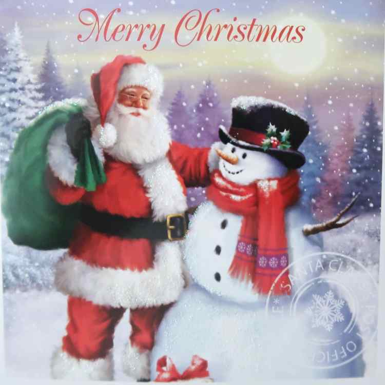 Christmas card image with Santa and Snowman. Text reads "Merry Christmas".